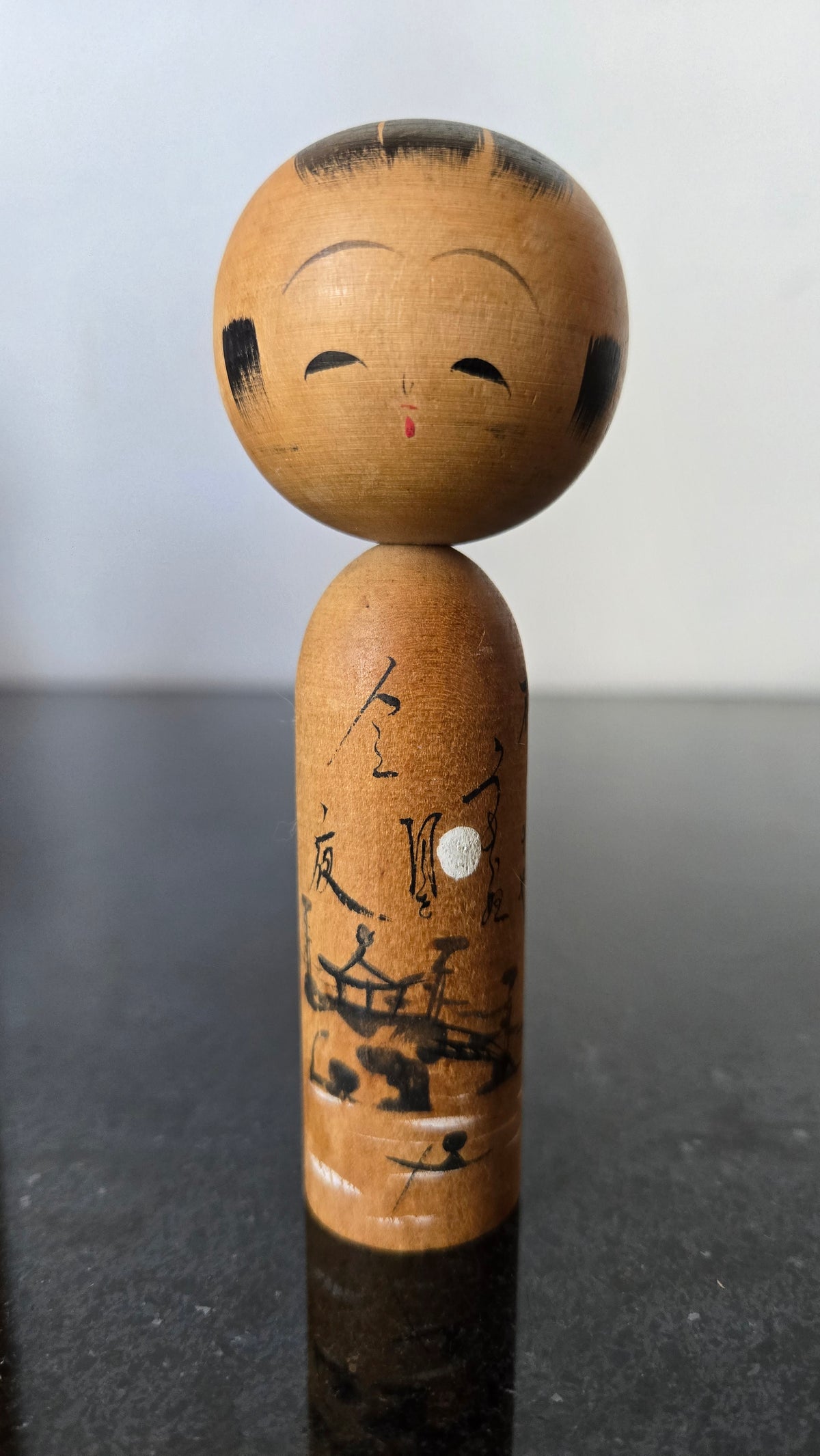 🎎 Kokeshi vintage – paysage au pont, à la barque et à la lune