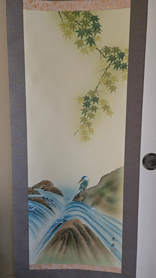 Kakejiku japonais – Martin-pêcheur, eau vive et érable
