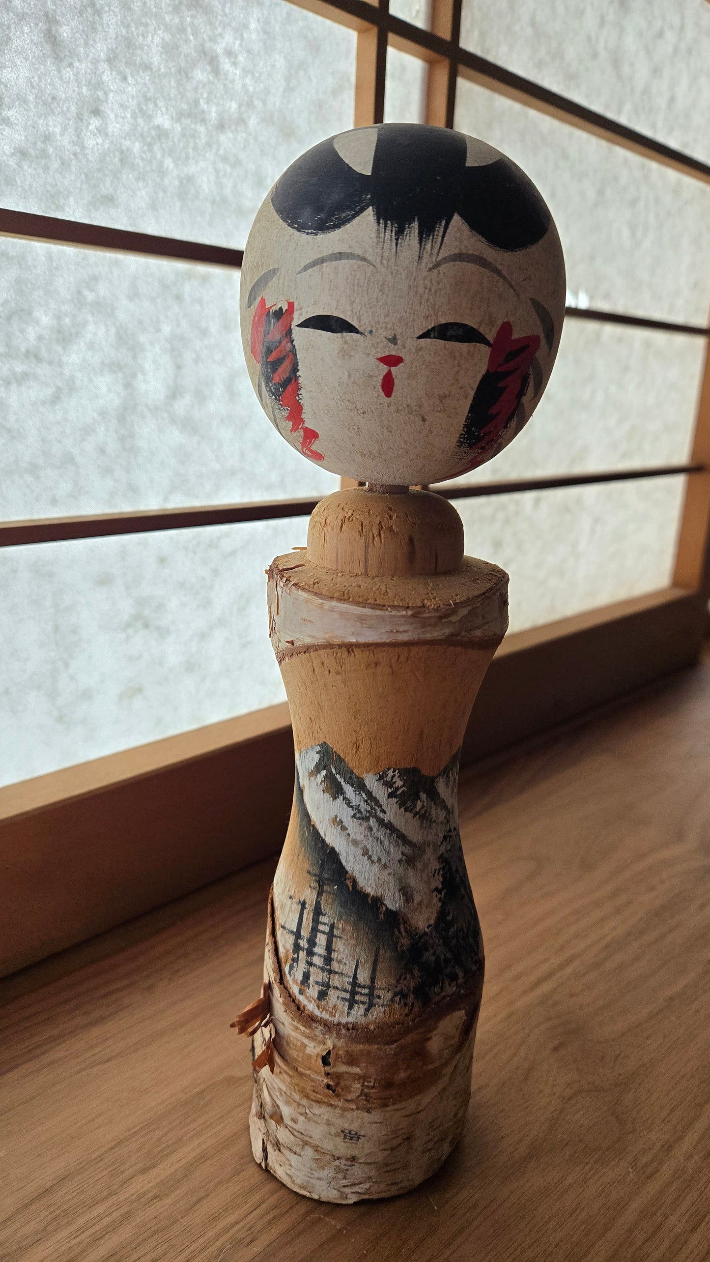 🎎 Kokeshi vintage artistique – Paysage montagne enneigée – Époque Shōwa