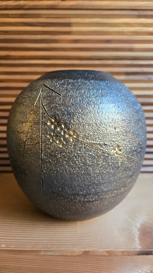 🏺 Vase en grès Shigaraki-yaki (信楽焼) — Japon | Pièce signée, boîte d'origine