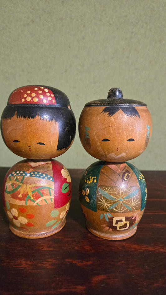 🪆 Couple de kokeshi vintage — style sōsaku — 12 cm🪆 Couple de kokeshi vintage — style sōsaku — 12 cm