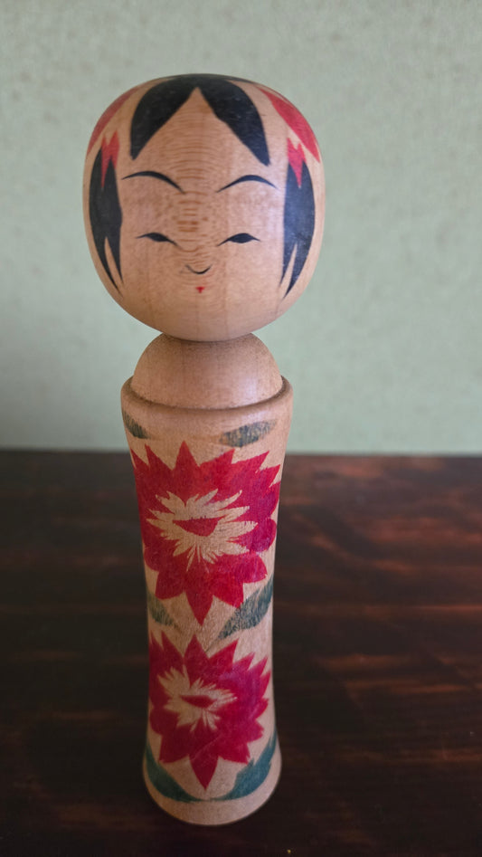 🌸 Kokeshi Naruko vintage — décor kiku — 15 cm