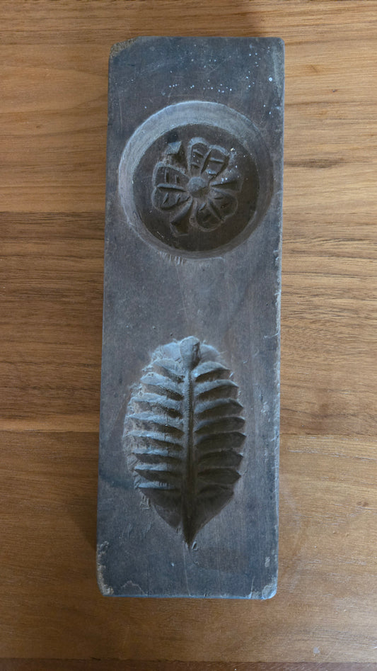 🌸 Moule à wagashi ancien en bois, motifs fleur et feuille, 25 cm