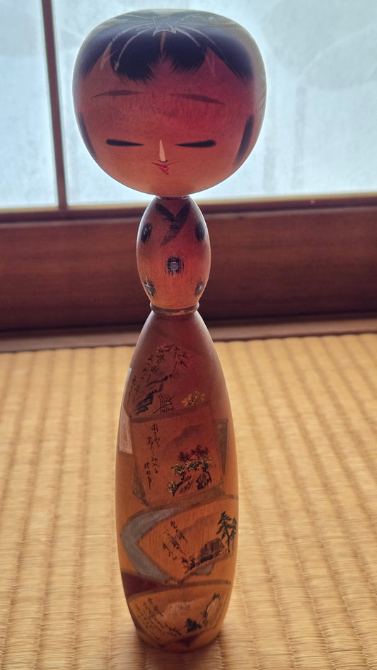 🎎 Kokeshi sōsaku aux quatre saisons, corps peint et calligraphié — pièce d'auteur
