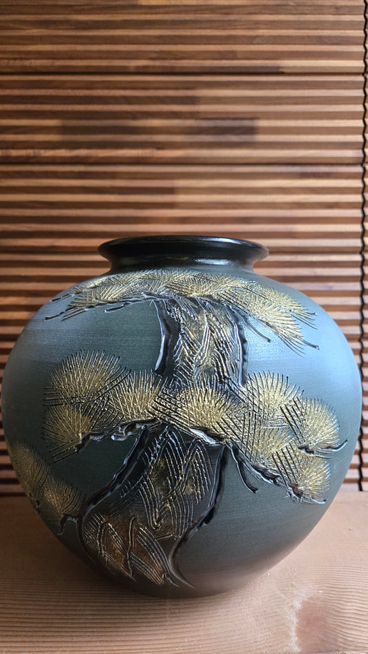 🏺 Vase japonais en grès de Shigaraki, décor de pin