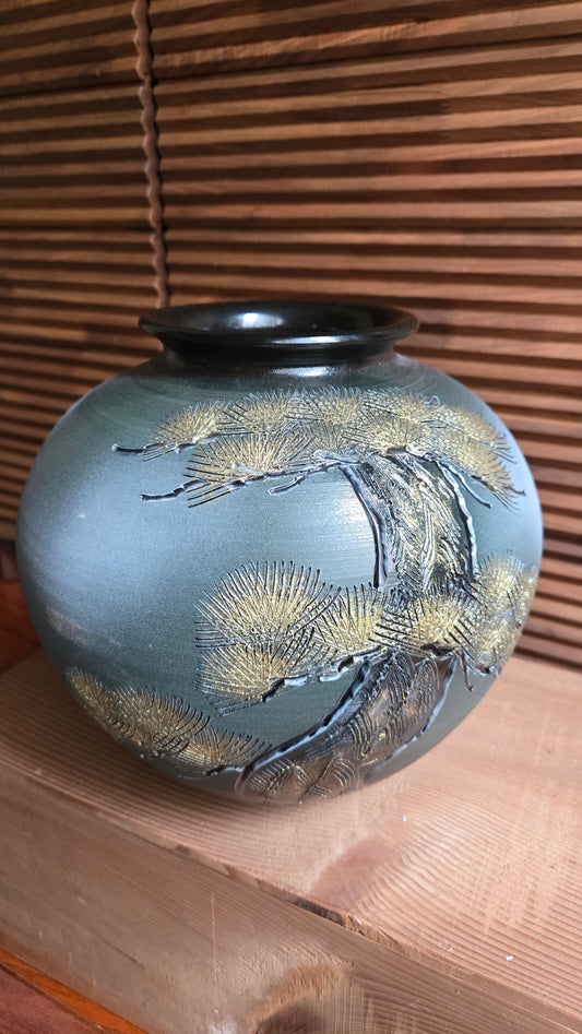 🏺 Vase japonais en grès de Shigaraki, décor de pin