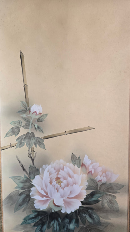 🌸 Kakejiku japonais ancien « Botan » (牡丹) – Pivoines roses et bambou, avec sa boîte d’origine