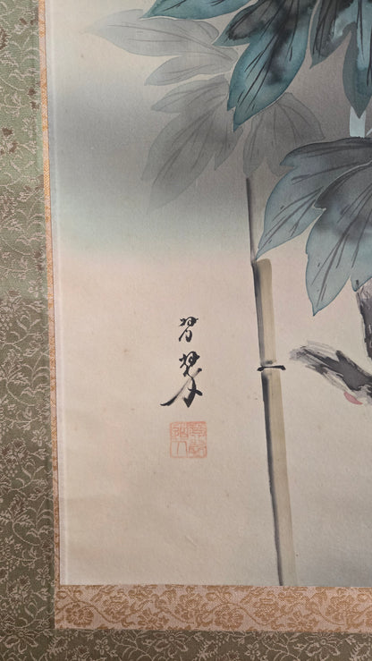 🌸 Kakejiku japonais ancien « Botan » (牡丹) – Pivoines roses et bambou, avec sa boîte d’origine