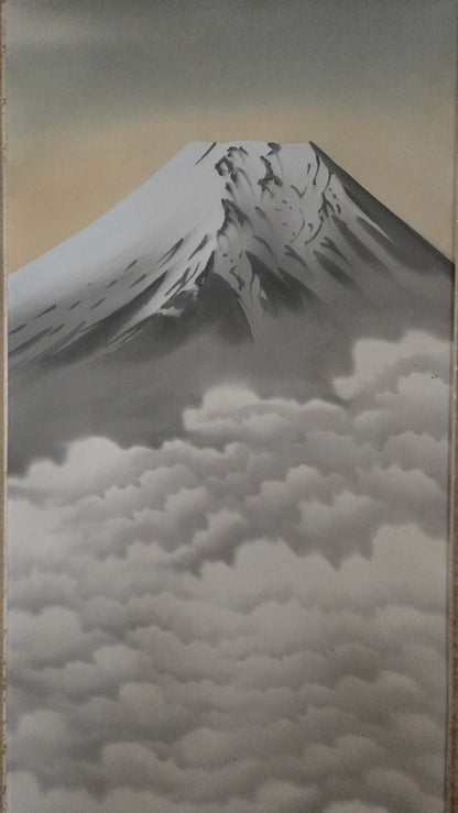 🗻 Kakejiku « Mont Fuji au-dessus des nuages » – Peinture à l’encre sur rouleau, boîte d’origine