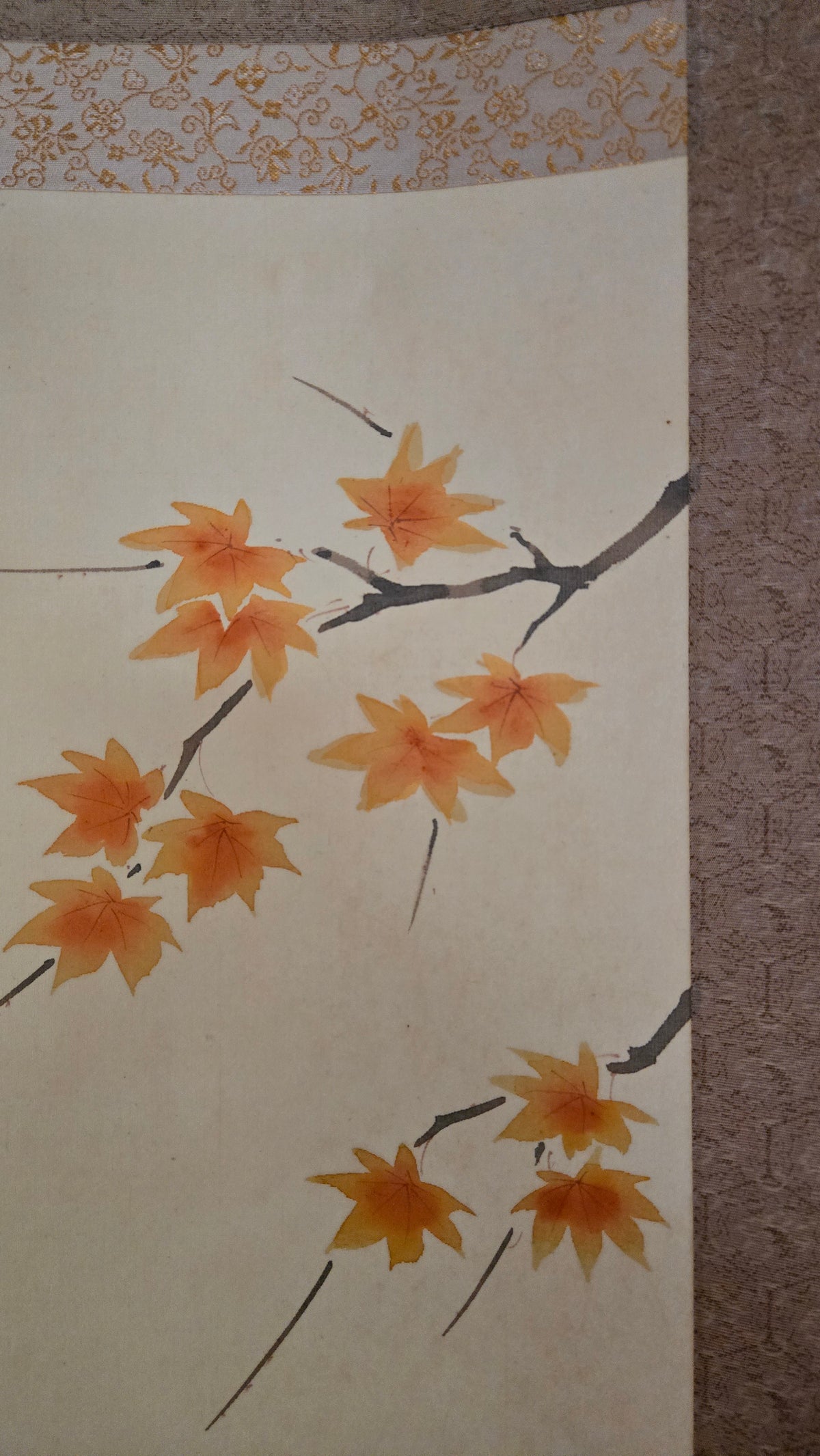 🍂 Kakejiku ancien : cailles, gentianes et feuilles d’érable en automne, peinture sur soie signée, avec sa boîte