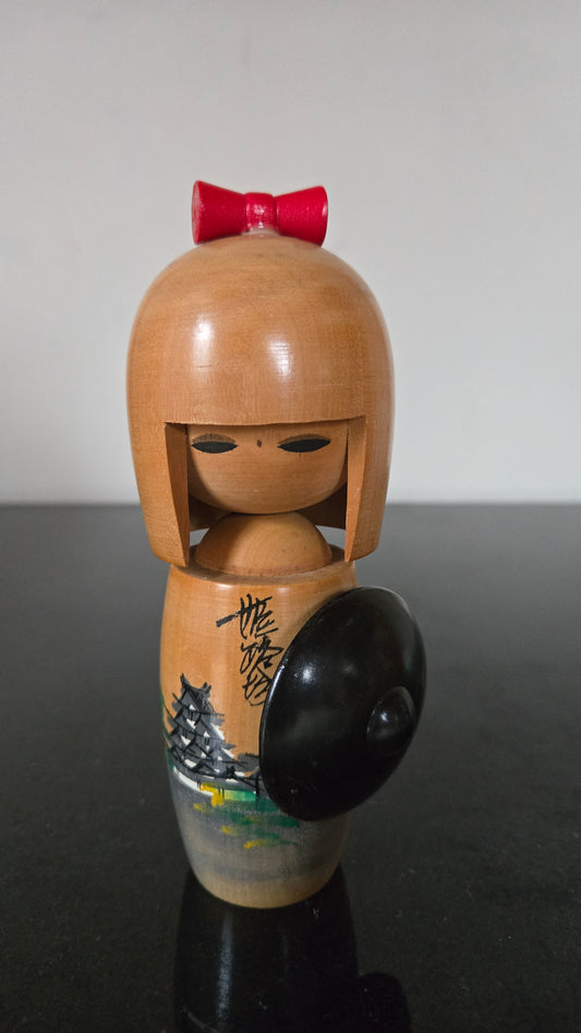 🎎 Kokeshi souvenir japonaise vintage, château de Himeji peint à la main et nœud rouge