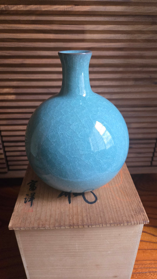 🏺 Vase céladon Shigaraki-yaki « Tsurukubi » — Tomihiro (富洋), Japon